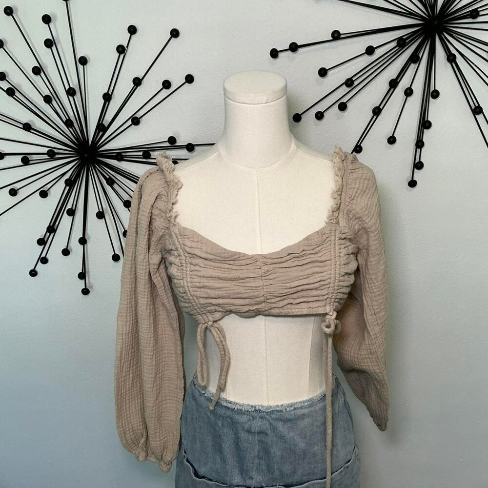 beige gauze tie front crop top boho cottagecore long sleeve